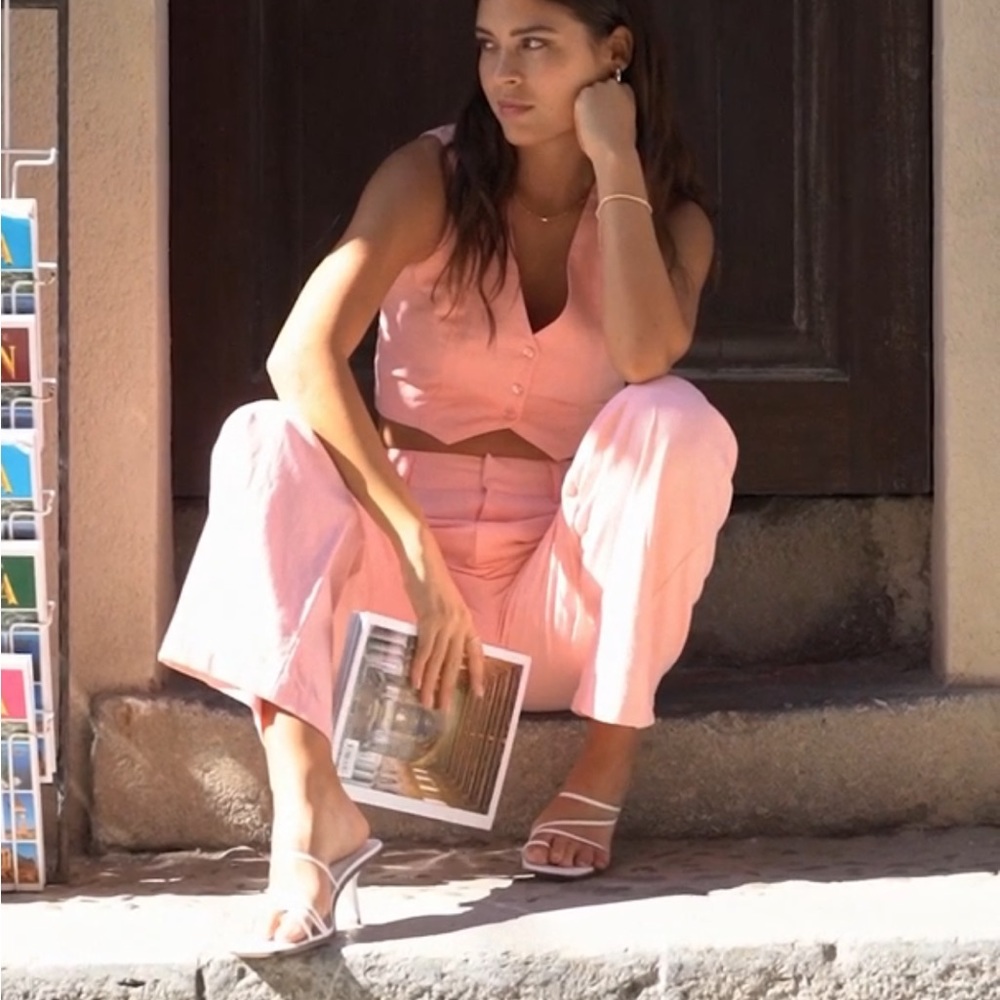 Linen pink pants summer and vest set
